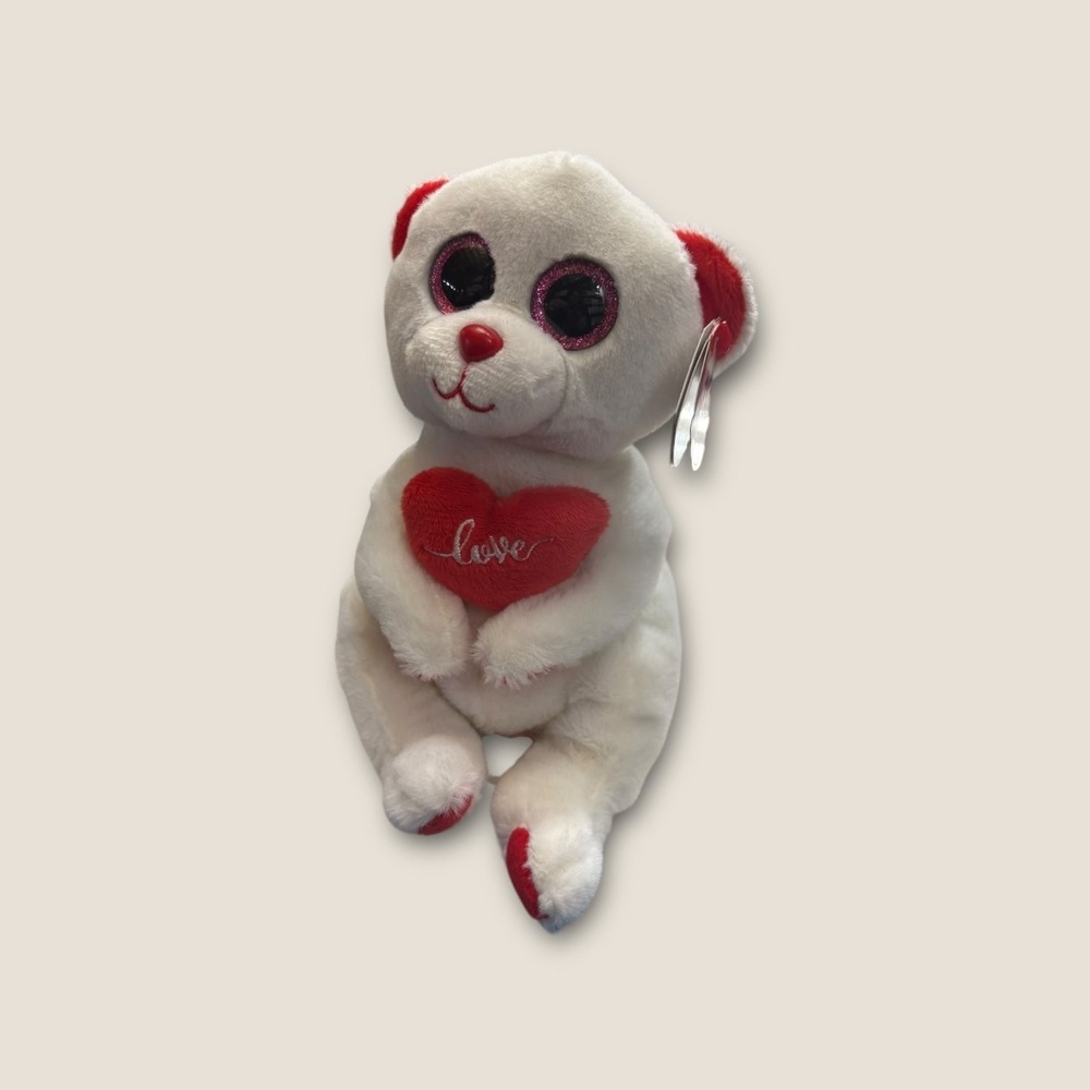 Ty Desi Beanie Babies White Bear Red Heart Glitter Eyes Plush Valentine